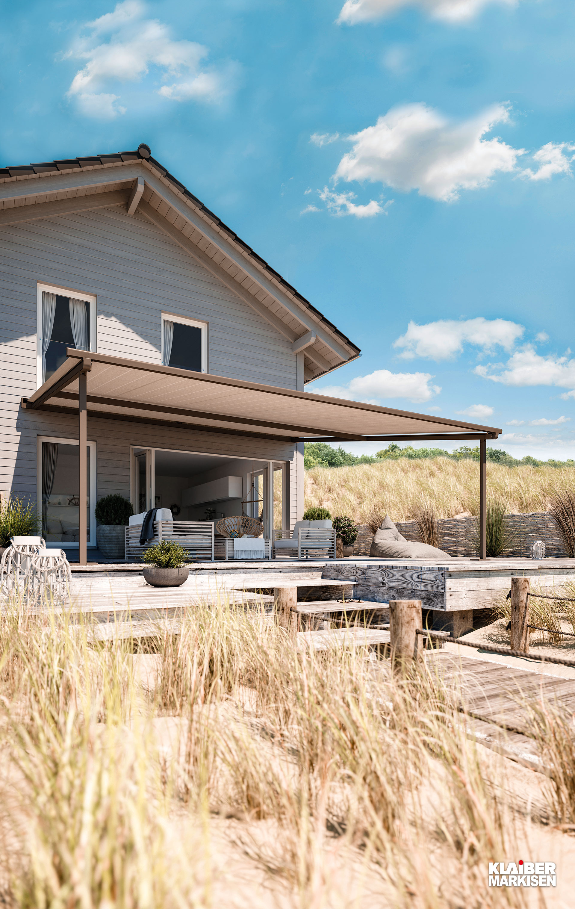 Pergola-Markise über sommerlicher Terrasse